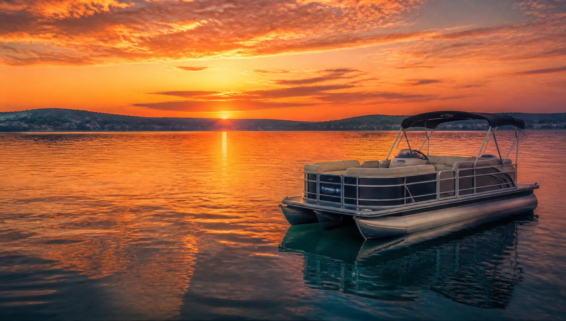 Pontoon boat on Lake Travis at sunset